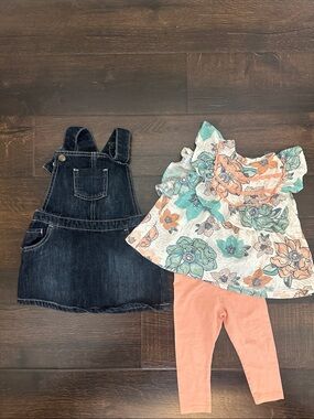 Denim Overall Dress + Floral Top and Leggings Set -  size 12 months